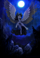 Size: 1400x2016 | Tagged: safe, artist:skylacuna, derpibooru import, oc, oc only, oc:overcast, pegasus, pony, eyes closed, male, moon, night, solo