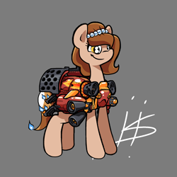 Size: 1280x1280 | Tagged: safe, artist:pencilbrony, derpibooru import, oc, oc only, oc:brownie bun, earth pony, pony, horse wife, armor, engine, female, fire, firebat, flame decal, gray background, mare, rocket, signature, simple background, smiling, solo, some mares just want to watch the world burn, starcraft, terran, this will end in fire