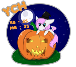 Size: 4049x3607 | Tagged: safe, artist:mimihappy99, derpibooru import, oc, oc only, bat pony, pony, advertisement, auction, chibi, commission, female, halloween, hat, heart eyes, holiday, jack-o-lantern, mare, moon, night, pumpkin, simple background, solo, transparent background, wingding eyes, witch hat, your character here