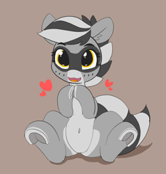 Size: 1280x1345 | Tagged: safe, artist:pabbley, derpibooru import, oc, oc only, oc:bandy cyoot, pony, raccoon pony, belly button, cute, cute little fangs, fangs, female, frog (hoof), heart, hnnng, hoofbutt, looking at you, ocbetes, open mouth, simple background, smiling, solo, underhoof