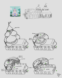 Size: 2600x3250 | Tagged: safe, artist:trefoiler, derpibooru exclusive, derpibooru import, screencap, pony, alternate universe, architecture, blueprint, carousel boutique, concept art, cutaway, fanfic art, floor plan, generic pony, gray background, simple background