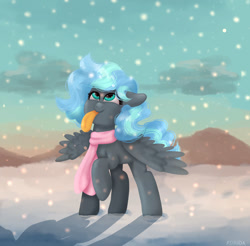 Size: 1024x1008 | Tagged: safe, artist:ashidaii, derpibooru import, oc, oc:floral rift, pegasus, pony, clothes, female, filly, scarf, snow, solo, tongue out