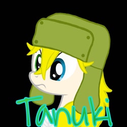 Size: 1280x1280 | Tagged: safe, artist:kobato98, derpibooru import, oc, oc:klever, earth pony, pony, bandage, black background, female, hat, heterochromia, mare, ponified, simple background, solo, ushanka