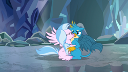 Size: 1920x1080 | Tagged: safe, derpibooru import, screencap, gallus, silverstream, classical hippogriff, griffon, hippogriff, pony, what lies beneath, birb, cute, diastreamies, duo, eyes closed, female, gallabetes, hug, male, nightmare cave, one eye closed, shipping fuel