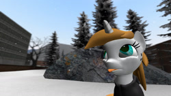 Size: 1280x720 | Tagged: safe, artist:sevenxninja, derpibooru import, oc, oc only, oc:love biscuit, pony, unicorn, 3d, building, catching snowflakes, clothes, gmod, hoodie, rock, snow, snowfall, tongue out, tree