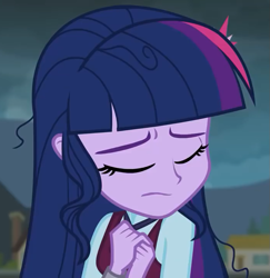 Size: 701x720 | Tagged: safe, derpibooru import, screencap, sci-twi, twilight sparkle, equestria girls, friendship games, clothes, cropped, crystal prep academy uniform, eyes closed, female, sad, school uniform