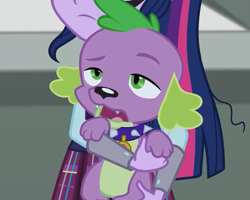 Size: 899x720 | Tagged: safe, derpibooru import, screencap, sci-twi, spike, spike the regular dog, twilight sparkle, dog, equestria girls, friendship games, clothes, cropped, crystal prep academy uniform, female, male, paws, school uniform