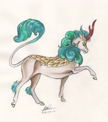 Size: 4385x4945 | Tagged: safe, artist:sagastuff94, derpibooru import, rain shine, kirin, sounds of silence, absurd file size, absurd resolution, fangs, hoers, profile, realistic anatomy, realistic horse legs, signature, solo, traditional art, watercolor painting