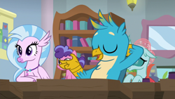 Size: 1280x720 | Tagged: safe, derpibooru import, screencap, gallus, ocellus, silverstream, a rockhoof and a hard place, eyes closed, female, male