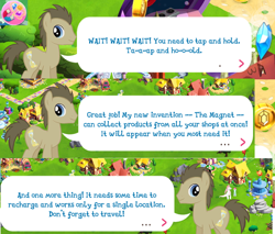 Size: 950x810 | Tagged: safe, derpibooru import, doctor whooves, fizzle, earth pony, pony, cropped, element of honesty, game screencap, gameloft, magnet, male, royal guard, speech bubble, stallion, tutorial