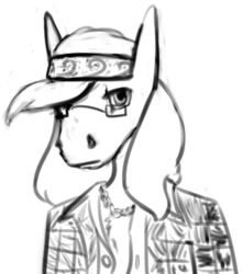 Size: 614x695 | Tagged: safe, artist:tempusfidgets, derpibooru import, oc, oc only, oc:tempus fidgets, anthro, earth pony, 70s, black and white, clothes, glasses, grayscale, jewelry, looking at you, male, monochrome, necklace, shirt, simple background, solo, stallion, white background