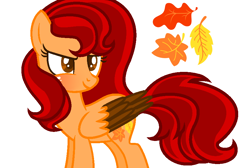 Size: 888x596 | Tagged: safe, artist:mlpfan2017, derpibooru import, oc, oc only, oc:autum blaze, pegasus, pony, base used, blushing, colored wings, fall pony, fall themed, female, leaves, long mane, ms paint, multicolored hair, multicolored tail, multicolored wings, red mane, red tail, short tail, show accurate, simple background, solo, striped mane, striped tail