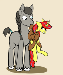 Size: 1081x1281 | Tagged: safe, artist:dyonys, derpibooru import, oc, oc only, oc:chain steel (bill), oc:maya yamato, earth pony, pony, unicorn, behaving like a cat, blushing, braid, clothes, curved horn, female, height difference, horn, male, mare, mouth hold, scruff, simple background, stallion