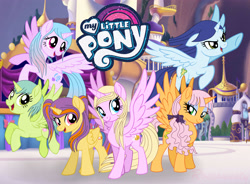 Size: 4089x3002 | Tagged: safe, artist:rosesweety, derpibooru import, pony, my little pony: the movie, astoria rapunzel, castle, joy lefrog, lily mermaid, lingling ironfan, lori robin hood, my little pony logo, ponified, regal academy, rose cinderella