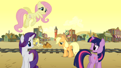 Size: 1280x720 | Tagged: safe, derpibooru import, screencap, applejack, fluttershy, goldengrape, rarity, sir colton vines iii, twilight sparkle, earth pony, pegasus, pony, unicorn, over a barrel, appleloosa, plot, sad, unhapplejack