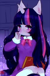 Size: 450x675 | Tagged: safe, artist:shickietan, derpibooru import, twilight sparkle, anthro, unicorn, book, clothes, cute, female, looking at you, no nose, sitting, socks, solo, twiabetes