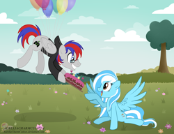 Size: 2962x2274 | Tagged: safe, artist:raspberrystudios, derpibooru import, oc, oc only, oc:glitterfrost, anniversary, balloon, cake, flower, food, grass field, grin, happy, love, smiling, tree