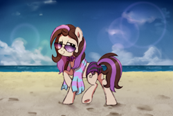 Size: 1731x1159 | Tagged: safe, artist:thebowtieone, derpibooru import, oc, oc:bowtie, pony, beach, bikini, bowtie, clothes, female, mare, solo, sunglasses, swimsuit, towel