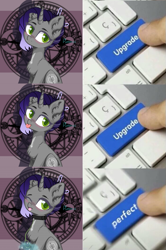 Size: 705x1063 | Tagged: safe, artist:reterica, derpibooru import, oc, oc only, oc:moonsonat, pony, unicorn, blushing, comic, green eyes, keyboard, magic, meme, solo, tongue out, upgrade, upgrade meme