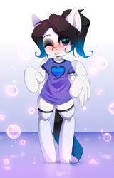 Size: 4000x6249 | Tagged: safe, artist:yukomaussi, derpibooru import, oc, oc only, oc:ice energy, pegasus, pony, semi-anthro, bipedal, blushing, clothes, femboy, heart eyes, lip bite, male, one eye closed, ponytail, shirt, socks, t-shirt, trap, wingding eyes, wink