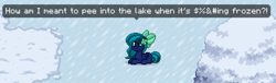 Size: 1995x606 | Tagged: safe, derpibooru import, oc, oc:midnight mist, pegasus, pony, censored vulgarity, confused, female, frustrated, funny, grawlixes, ice, joke, lying down, mare, pony town, screenshots, snow, solo, tree, winter