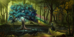 Size: 5000x2478 | Tagged: safe, artist:devinian, derpibooru import, oc, oc only, oc:star bolt, pony, apple, apple tree, cape, clothes, commission, cracks, crepuscular rays, food, forest, glow, male, rainbow, scenery, scenery porn, sitting, smiling, solo, stallion, sword, tree, weapon, zap apple, zap apple tree