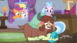 Size: 1200x676 | Tagged: safe, derpibooru import, screencap, apple bloom, sandbar, scootaloo, silverstream, sweetie belle, yona, classical hippogriff, earth pony, hippogriff, pony, unicorn, yak, school raze, bow, cutie mark crusaders, female, filly, foal, hair bow, male, shipping fuel, smiling, teenager
