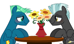 Size: 965x577 | Tagged: safe, artist:moonlightthegriffon, derpibooru import, sky stinger, thunderlane, pegasus, pony, blushing, flower, folded wings, gay, looking at each other, male, shipping, simple background, smiling, stallion, stingerlane, table, transparent background