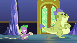 Size: 1280x720 | Tagged: safe, derpibooru import, screencap, sludge (g4), spike, dragon, father knows beast, claws, gluttony, list, male, tail, twilight's castle, winged spike