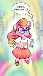 Size: 720x1280 | Tagged: safe, artist:carouselunique, artist:honeycrisp-tales, derpibooru import, oc, oc:honeycrisp blossom, comic:little blossom lost, series:sciset diary, equestria girls, clothes, comic, female, magic mirror, offspring, parent:big macintosh, parent:princess cadance, parent:sunset shimmer, parents:cadmac