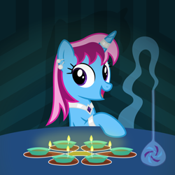 Size: 6400x6400 | Tagged: safe, artist:parclytaxel, derpibooru import, oc, oc only, oc:parcly taxel, genie pony, pony, unicorn, .svg available, absurd resolution, ain't never had friends like us, albumin flask, armband, bottle, candle, collar, deepavali, diwali, diya, ear piercing, earring, female, genie, horn ring, jewelry, lamp, looking at you, mare, oil lamp, rangoli, smiling, solo, vector, wingless