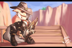 Size: 3000x2000 | Tagged: safe, artist:theprince, derpibooru import, earth pony, pony, ashe (overwatch), clothes, cowboy hat, crossover, female, gun, hat, lever action rifle, mare, overwatch, ponified, rifle, smiling, solo, stetson, weapon