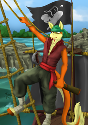 Size: 1280x1811 | Tagged: safe, artist:mik3thestrange, derpibooru import, oc, oc only, oc:non toxic, anthro, monster pony, original species, tatzlpony, unguligrade anthro, anthro oc, bandana, boat, flag, male, ocean, pirate, ship, water