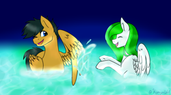 Size: 1024x569 | Tagged: safe, artist:kimyowolf, derpibooru import, oc, oc only, oc:crystal cloud, oc:thorn, duck pony, pegasus, pony, female, male, mare, stallion, water