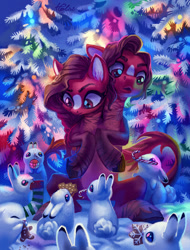 Size: 1024x1348 | Tagged: safe, artist:holivi, derpibooru import, oc, oc only, pony, rabbit, candy, candy cane, christmas, commission, conjoined, conjoined twins, cookie, cute, food, holiday, mouth hold, multiple heads, sitting, snow, two heads, winter
