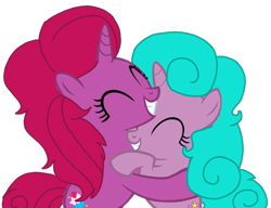 Size: 1408x1080 | Tagged: safe, artist:徐詩珮, derpibooru import, oc, oc:berrytwist star, oc:betty pop, pony, unicorn, eyes closed, female, filly, hug, magical lesbian spawn, mare, offspring, parent:glitter drops, parent:tempest shadow, parents:glittershadow, siblings, simple background, sisters, transparent background