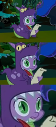Size: 854x1920 | Tagged: safe, derpibooru import, edit, edited screencap, screencap, spike, dragon, luna eclipsed, clothes, costume, faic, male, reaction image, scroll, sitting, solo focus, thousand yard stare, wat, zoom
