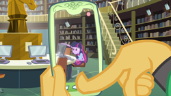 Size: 1920x1080 | Tagged: safe, derpibooru import, screencap, snails, twilight sparkle, twilight sparkle (alicorn), alicorn, equestria girls, equestria girls (movie), cellphone, computer, hand, library, phone, smartphone