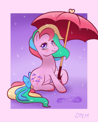 Size: 803x997 | Tagged: safe, artist:donkeyinthemiddle, derpibooru import, parasol (g1), earth pony, pony, g1, abstract background, bow, female, looking at you, mare, puddle, rain, sitting, solo, tail bow, umbrella