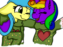 Size: 1024x768 | Tagged: safe, derpibooru import, oc, alicorn, earth pony, pony, eye, eyes, eyes closed, female, lesbian, rainbow hair, romance, shipping, smiling