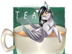 Size: 1453x1080 | Tagged: safe, artist:xkittyblue, derpibooru import, oc, oc only, pegasus, pony, cup, female, food, looking at you, mare, pony in a cup, simple background, smiling, solo, tea, teacup, transparent background, ych result