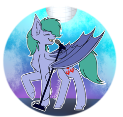 Size: 807x768 | Tagged: safe, artist:rcdesenhista, derpibooru import, oc, oc only, oc:brensa, bat pony, pony, bat pony oc, eyes closed, fangs, singing, solo