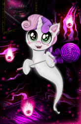 Size: 3360x5120 | Tagged: safe, artist:darksly, derpibooru import, sweetie belle, ghost, candy, cute, diasweetes, female, filly, food, halloween, holiday, horn, lollipop, open mouth, solo