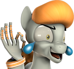 Size: 2194x2046 | Tagged: safe, artist:fiopon, derpibooru import, oc, oc only, oc:purity alloy, 3d, cursed image, emoji, meme, not salmon, robot hand, simple background, solo, source filmmaker, transparent background, wat, 👌, 😂