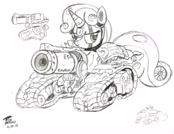 Size: 3896x3008 | Tagged: safe, artist:brekrofmadness, derpibooru import, sweetie belle, sweetie bot, robot, bastion (overwatch), crossover, monochrome, overwatch, solo, tank (vehicle), tank pony, traditional art