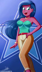 Size: 850x1430 | Tagged: safe, artist:the-butch-x, derpibooru import, desert sage, better together, equestria girls, spring breakdown, background human, bare shoulders, beautiful, bracelet, breasts, bustier, busty desert sage, cleavage, clothes, female, hand on hip, jewelry, necklace, open mouth, pants, sexy, sleeveless, smiling, solo, strapless, that was fast, tube top