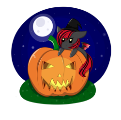 Size: 4049x4000 | Tagged: safe, artist:mimihappy99, derpibooru import, oc, oc:ruby, bat pony, pony, chibi, female, halloween, hat, heart eyes, holiday, jack-o-lantern, mare, moon, night, pumpkin, simple background, solo, transparent background, wingding eyes, witch hat