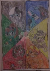 Size: 1024x1474 | Tagged: safe, artist:tobiisabunny, derpibooru import, oc, oc:bitter rot, oc:daybreak flare, oc:havoc fury, oc:lack luster, oc:monochrome frost, oc:moonlight blues, pony, solo, traditional art