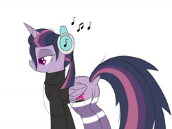 Size: 1440x1080 | Tagged: safe, artist:ideltavelocity, derpibooru import, mean twilight sparkle, alicorn, pony, the mean 6, alternate hairstyle, clone, clothes, dock, headphones, music notes, plot, simple background, socks, solo, sweater