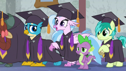 Size: 1280x720 | Tagged: safe, derpibooru import, screencap, gallus, sandbar, silverstream, spike, yona, classical hippogriff, dragon, earth pony, hippogriff, pony, yak, school raze, bow, cloven hooves, colored hooves, female, hair bow, male, monkey swings, teenager, winged spike